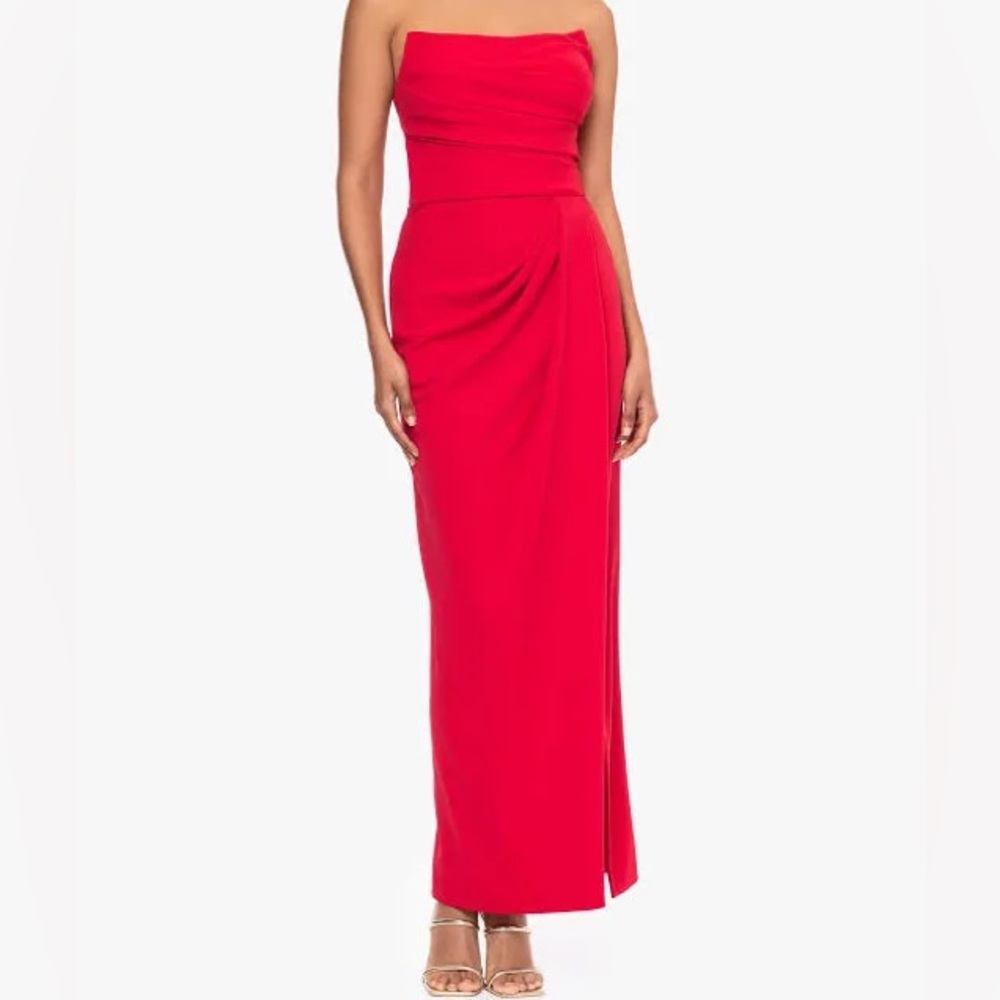 Betsy & Adam Red Strapless Ruched Cocktail Gown